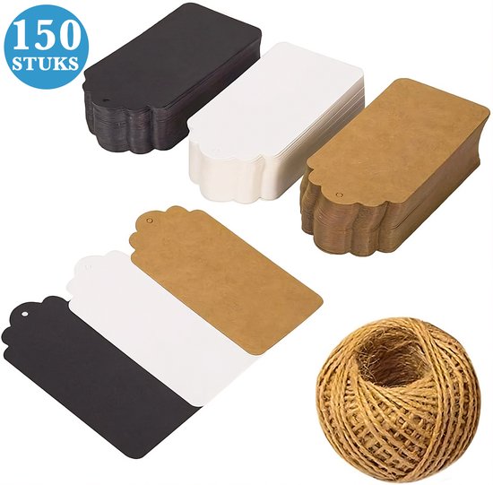 150x Stuks Kraft Karton Labels met 20m Jute Touw - Hart Kartonnen Cadeaulabels met Gaatje en Koord - Bruine, Zwarte & Witte Etiketten - Kraftpapier Naamkaartjes - Blanco PrijskaartjesPrijslabels met Koortje - 7*4 cm