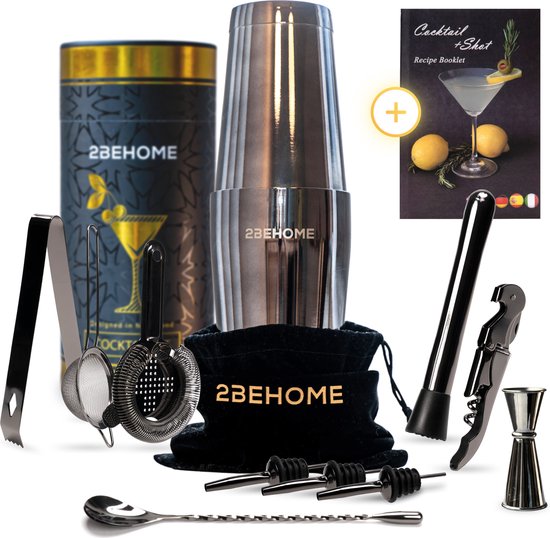 2BEHOME® Cocktail Set 12-Delig - Incl. Cocktail Shaker Set (750ml) & Cocktail boek met recepten - Complete Cocktailset - Luxe Bewaarhoes - Kerst cadeau & Sinterklaas cadeau voor man en vrouw