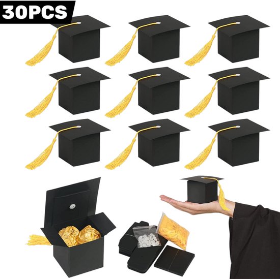 30 stuks – Afstudeer snoepdoosjes in vorm van afstudeerhoed – Zwart met gouden kwastje – 6 x 6 cm – Cadeaudoosjes voor afstuderen, diploma-uitreiking of feest – Decoratieve traktatiedoosjes – Geschikt voor snoep, kleine cadeautjes