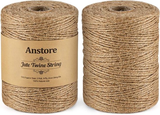 400 M natuurlijk jute touw, Anstore 1312 voet 2 rollen jute string kunst en ambachten touw voor cadeauverpakking, fotoweergave, bloemisterij, bruiloft decoratie en tuin