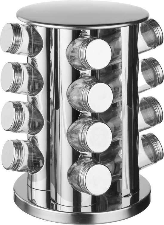 5Five Kruidenrekje carrousel met 16 kruidenpotjes - zilver - H28 cm - van RVS - Keukenkruiden potjes - Kruiden bewaren