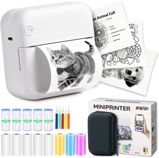 Agodeo Mini Printer - 300 DPI - Pocket Printer - Fotoprinter voor Mobiel - Mini Printer Incl.1 Harde Etui + 13 Rollen Papier (Sticker, Normaal, Kleur) + 5 Pennen - Pocket Printer Smartphone - Sticker Printer - Fotoprinter Mobiel
