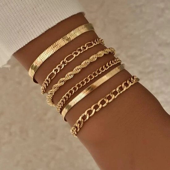 Armband dames Goudkleurig staal - Armbanden set dames - Armbandensets - Gouden armband staal - Goud armbandje dames - Set 6 stuks - Goud kleurig staal