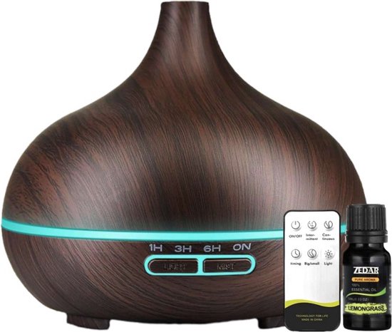 Aroma Diffuser 550ML met Lemongrass Olie en Afstandsbediening - Luchtbevochtiger – Aromatherapie - Geurverspreider - Donkerbruin van Zedar