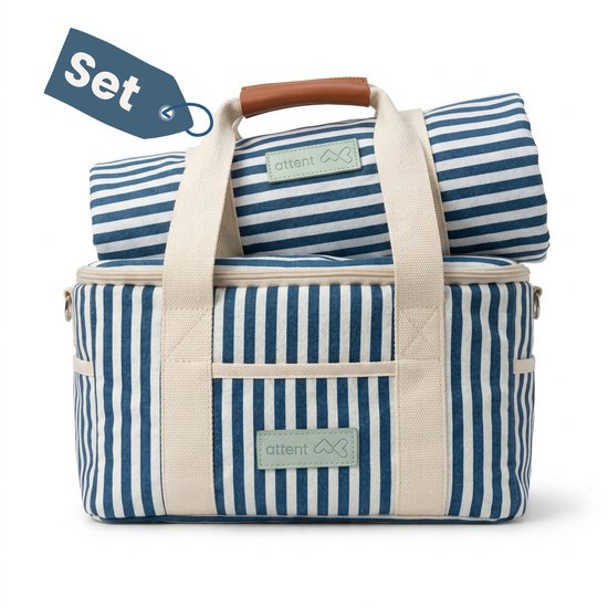 Attent Picknick Set - Picknickmand - Premium Picknickdeken 150×200 cm - Geïsoleerde Koeltas – Waterafstotend – Duurzame Katoenmix – Strand - Park - Camping