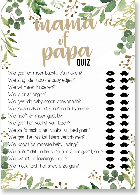 Babyshower spelletjes – Mama of papa quiz - Babyshower - 20 stuks A6 formaat - Babyshower cadeau - Babyshower kaarten
