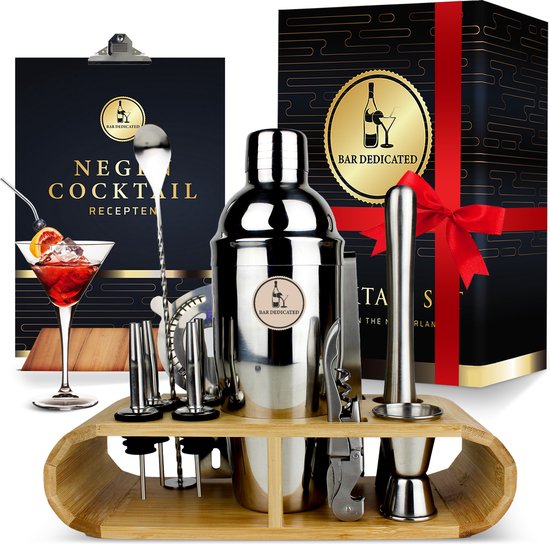 Bar Dedicated - Cocktail Set 16 Delig - Cocktail Shaker Met Bamboo Standaard - Inclusief Nederlandstalig Cocktail boek (750ML)