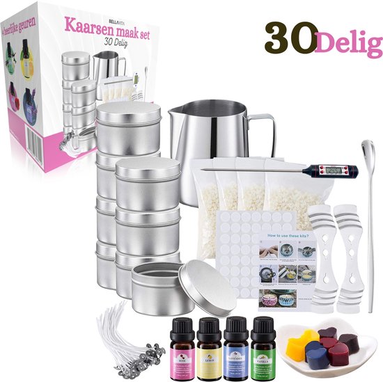 BELLAVITA ® Kaarsen maken - 30-delig - Kaarsen maken set - met Thermometer - Kaarsen - Soja Was - 4 verschillende etherische oliën - Zelf kaarsen maken - Candle making kit - Smeltpan - Kaars - Sinterklaas - Black Friday - Kerst - Kerstmis