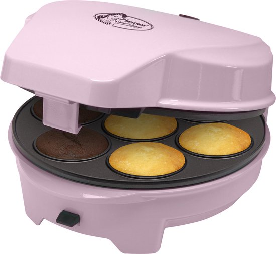 Bestron 3-in-1 cakemaker in retro-design, met 3 verwisselbare bakplaten: donut-, cupcake- en cakepopmaker, met indicatielampje & antiaanbaklaag, 700 watt, kleur: roze