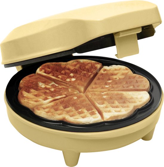 Bestron Wafelijzer voor klassieke hartwafels, Wafelmaker voor wafels in hartvorm, met indicatielampje & antiaanbaklaag, retro-design, 700 Watt, kleur: geel