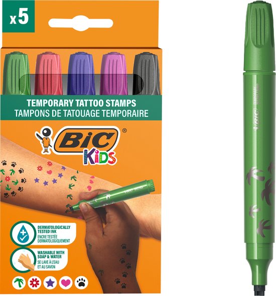 BIC Kids - Tijdelijke tattoo set voor kinderen - Set van 5 Stempelstiften - Neptattoo - Veilig voor de huid