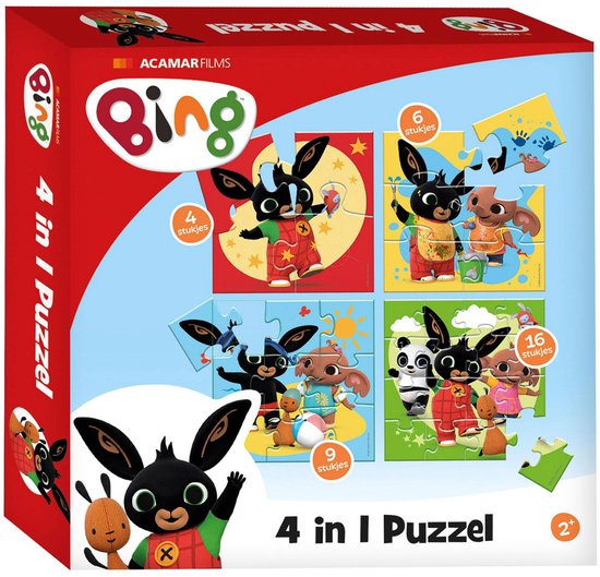 Bing 4-in-1 Kinderpuzzel - 4, 6, 9 en 16 stukjes - Peuter en kleuter speelgoed - Voor meisjes en jongens - Vanaf 3 jaar - Bambolino Toys