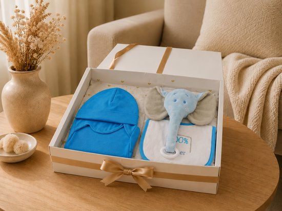 Blijeitje - Baby cadeau – Kraamcadeau Jongen origineel 4-delig – Baby Giftset in Brievenbus- Kraamcadeau Baby - Mutsje, slap stoer, romper/body & Tutpop Olifant - Perfect Babyshower & Gender Reveal Cadeau