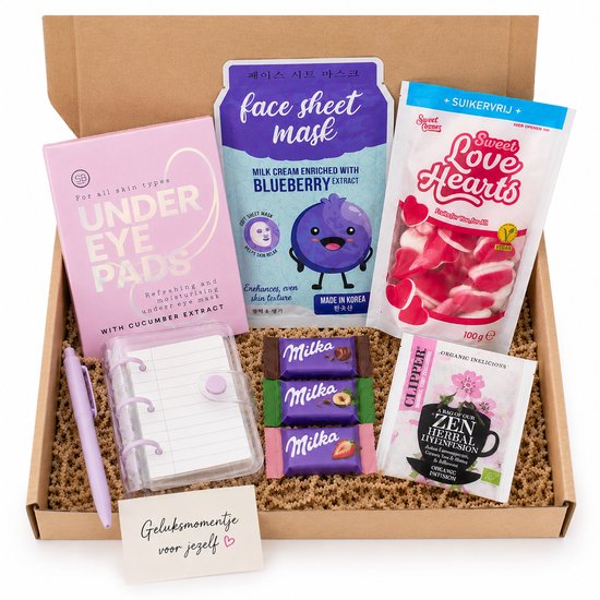 Brievenbuscadeau voor Haar - Geluksmomentje voor Jezelf – Selfcare Cadeaubox met Gezichtsmasker, Skin Care, Thee, Chocolade & Notitieboekje