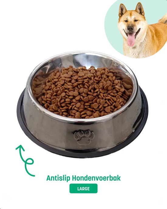 BROK - Anti-Slip Voerbak Voor Honden - RVS Drinkbak Voor Honden - Voederbak Met Rubberen Ring - Large - 30 cm x 7 cm - Zilver