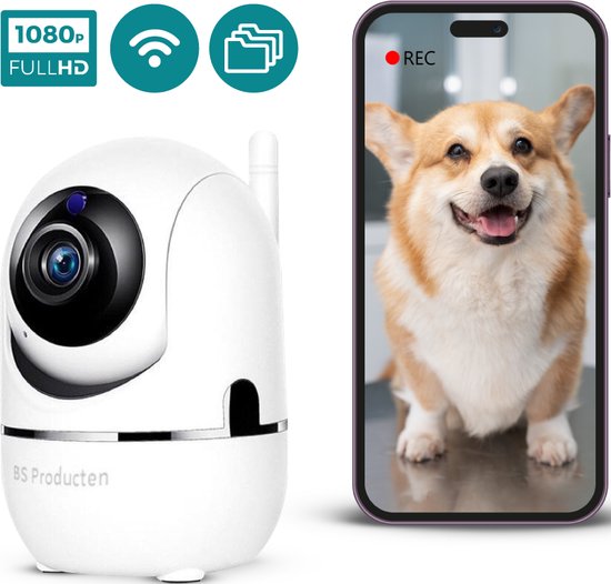BS producten Beveiligingscamera - Huisdiercamera - WiFi - Full HD - Beweeg en geluidsdetectie - Petcam met app - Hondencamera - Bewakingscamera voor Binnen - Indoor Camera - Wit