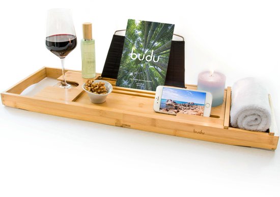 Budu Badplank Bamboe - Badplank hout - Badplank voor in bad - Verstelbaar / Uitschuifbaar - Badrekje - Bamboe badrek - 70-105 cm