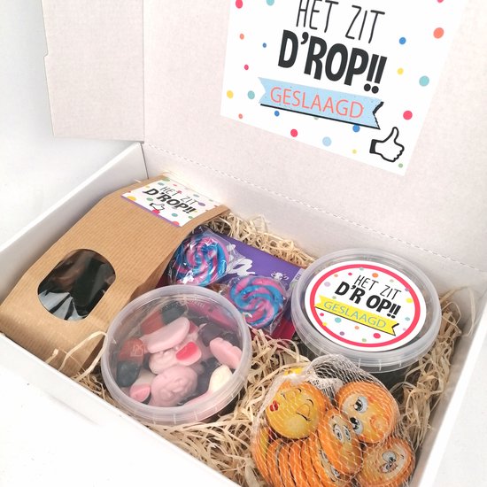 Cadeaubox "Het zit d'rop - Geslaagd" - Snoeppakket met Drop, Milka Confetti & Emoji Chocolade - Felicitatie Cadeau eindexamen / rijbewijs