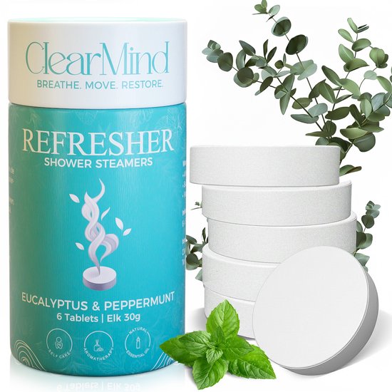 ClearMind® Shower Steamers – Refresher Eucalyptus & Pepermunt – Luxe Douche Steamer Giftset (6 stuks) – Douche Bruisbal / Douche Bruistabletten – Wellness Cadeau voor Kerst, Verjaardag & Moederdag