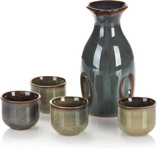 COM-FOUR® 5-delige sake-set, sake-kan en 4 sake-bekers van keramiek, kunstig geglazuurd sake-servies voor sake-ceremonies, Japans aardewerk [selectie varieert]
