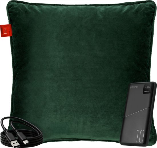 Coozie Oplaadbaar Warmtekussen – Draadloos & Bedraad – 45–65°C – Velvet – 45 x 45 cm – Donkergroen – Elektrisch Kussen – Incl. Powerbank – Tot 8 uur warmte