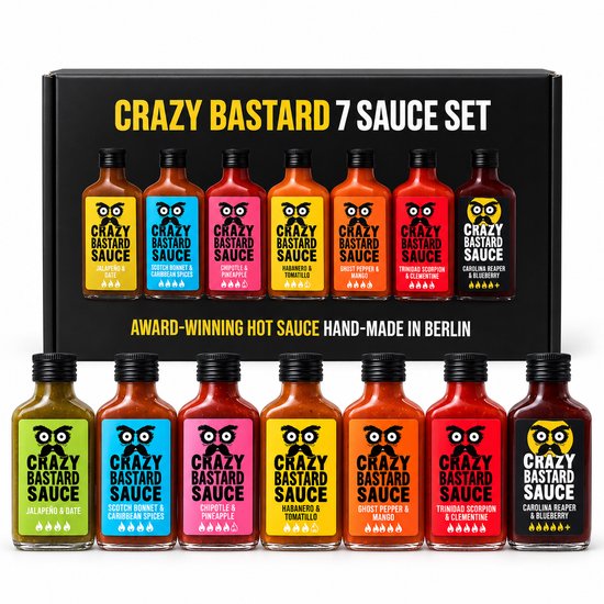 Crazy Bastard 7 Sauce Set – 7 x 100ml – Hot Sauce Gift Set – Pittige Sauzen van Mild tot Extreem Heet – Jalapeño, Habanero, Ghost Pepper, Carolina Reaper – Cadeau voor Pittige Eters & BBQ
