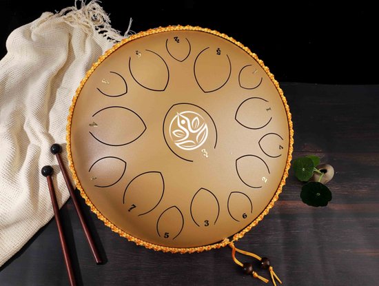 Durani Handpan 36 cm Goud – Tongue drum – Klankschaal – 15 noten – Yoga Drum – Lotus Tong - Steeldrum