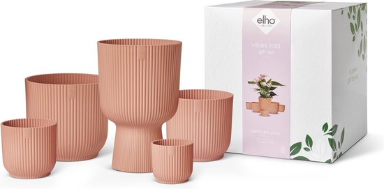 Elho Vibes Fold Rond Giftset - Bloempotten van 100% Gerecycled Plastic - Set van 5 - Delicaat Roze