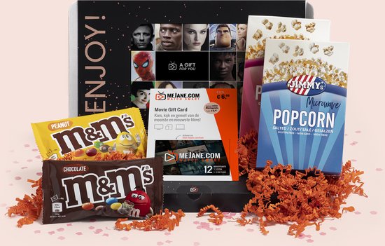 Filmpakket - filmbox cadeau met Jimmy's popcorn, M&Ms, filmcadeaukaart voor een mooi avondje thuisbios - met optioneel persoonlijk bericht