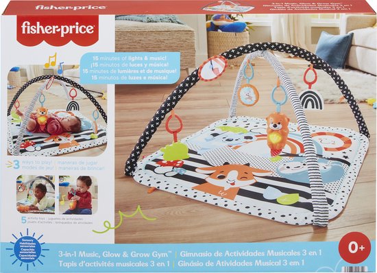 Fisher-Price 3-in-1 Muziek Glow & Grow Gym, Baby Speelmat - Met Lichtjes en Sensorisch Speelgoed voor Pasgeborenen