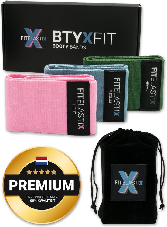 FITELASTIX® Premium Booty Band Set - Anti-Slip - Voor Elk Niveau - Sport Elastiek Banden - Booty Bands - Weerstandsbanden Set - Resistance Band - 3 Stuks - Licht/Medium/Zwaar - Roze/Blauw/Groen