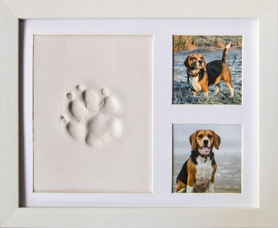 Frummel Fotolijst met Kleiafdruk - Pootafdruk Hond - Gipsafdruk huisdier - 22,5 x 27,5 cm - Wit