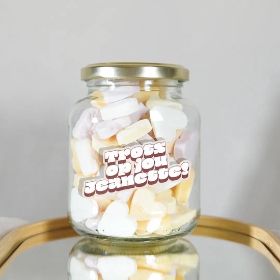 Gepersonaliseerd Cadeau Trots Op Jou - Snoeppot met Eigen Naam - Geslaagd Cadeau - Rijbewijs Gehaald Cadeau - Cadeau Zwemdiploma - Glazen Snoeppot met Hartjes 200 gram