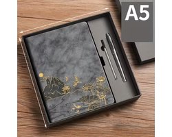 Grijze Notebookset A5 met Pen en Navulling – PU Lederen Omslag, 100 Pagina’s, Notitieboek voor Vergaderingen en Cadeau