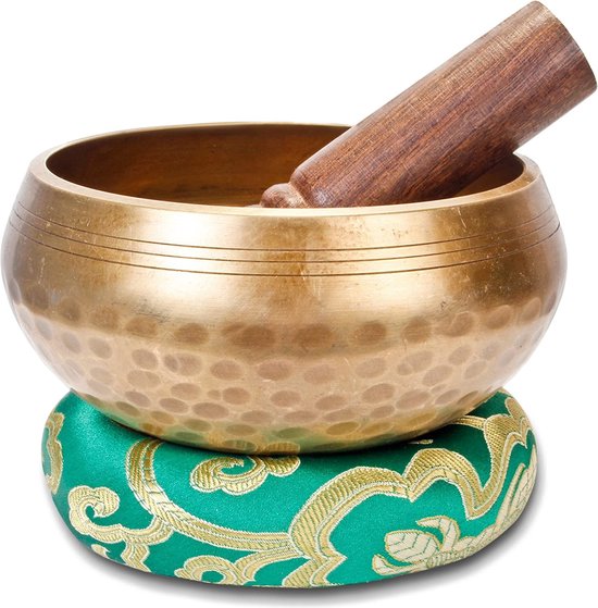 Grote Originele Tibetaanse Klankschaal – 13cm. Klankschaal Set met Klepel en Klankschaalkussen in Lokta Papieren Geschenkdoos. Singing Bowl uit Tibet