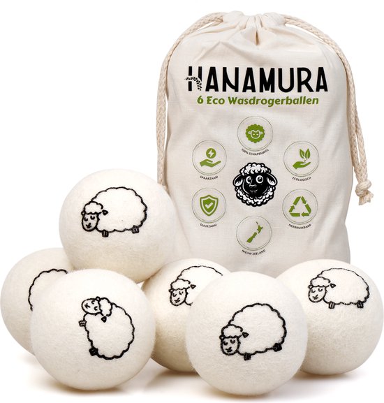 Hanamura Drogerballen - 6 Wasdrogerballen - 100% Schapenwol - Droogballen met Opbergzak