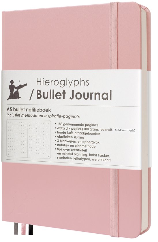 Hieroglyphs Bullet Journal - A5 notitieboek - 100 Grams Papier - Hardcover Notebook Dotted - met Handleiding en Inspiratie - Nederlands - Roze