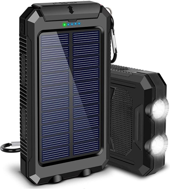 Homèlle Solar Powerbank 20.000mAh - Solar Charger - iPhone & Samsung - Zonne-energie - 2x USB - Micro USB - Wireless Charger - Zwart
