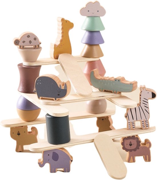 Houten dieren - Stapelbaar– Stapelbare diertjes - Balanceren - Evenwicht - Puzzelen - Safari dieren - Creatief - Constructie - Bouwen - houten dieren speelgoed kind