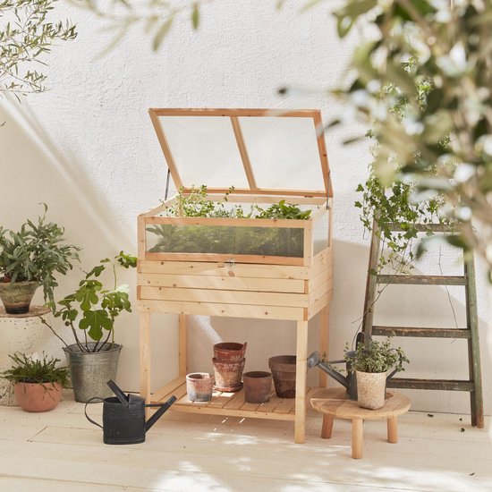 Houten moestuinbak op poten en verwijderbare serre van polycarbonaat, ERABLE, 2 in 1, met plank en geotextiel, 80 x 60 x 109 cm