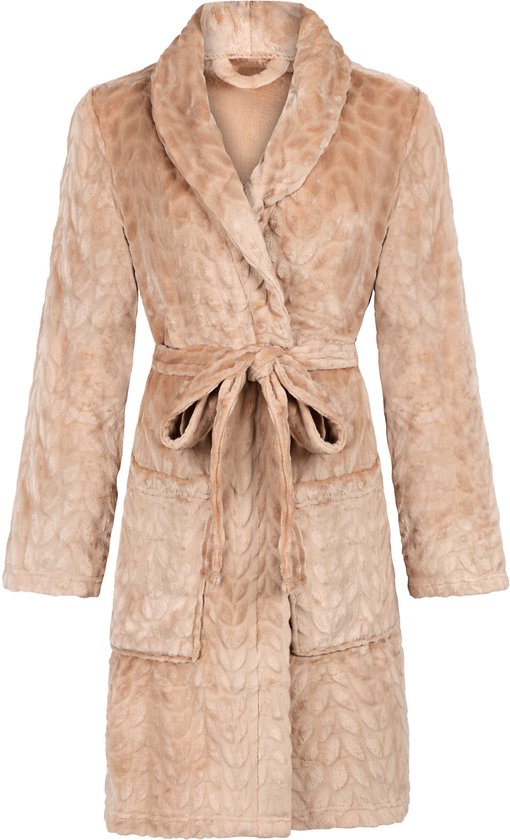 Hunkemöller Dames Nachtmode Korte flanellen badjas - Beige - maat M/L