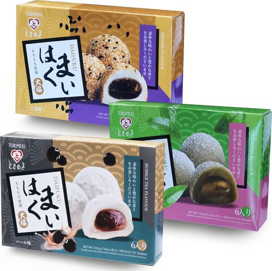 Japan Tokimeki Daifuk Mochi 3x dozen - Bubble Tea - Sesam - Green Tea - Mixed 3 pack x 210g
