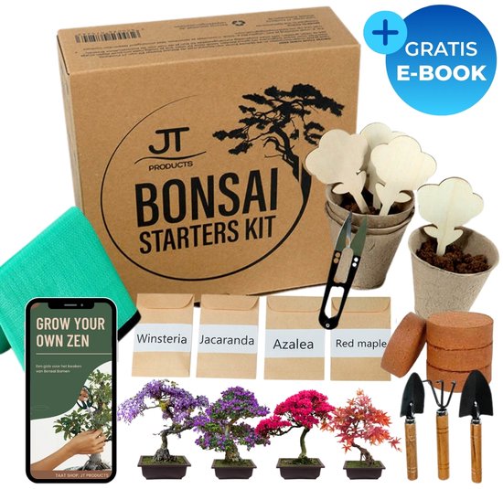 JT Products Bonsai Starters Kit – Met Uitgebreide E-Book – 4 Soorten Zaden – Bonsai Schaar – Bonsai Gereedschap – Bonsai Zaden – Bonsai Kit – Bonsai Boompje - Kweekset Cadeau - Bonsai Verzorgingsset - Moederdag Cadeau - Cadeautje Voor Mama
