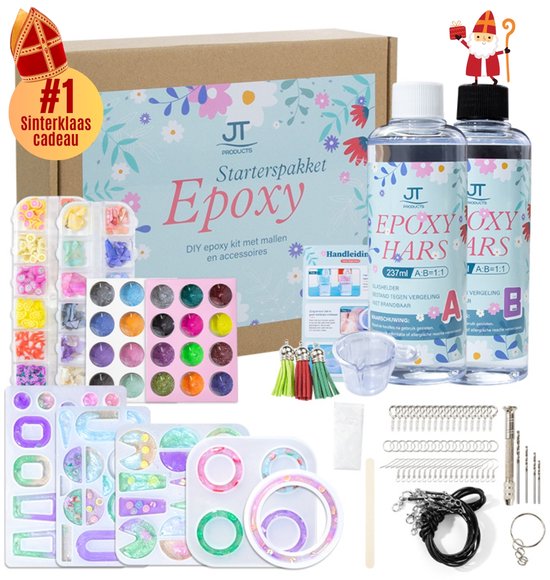 JT Products Epoxy Starterspakket - Zelf Sieraden Maken - Giethars - Epoxy Starterskit - Sieraden, Ketting, Oorbellen, Armband, Ring, Sleutelhanger - Epoxy Resin - Epoxy Hars - Sieraden Maken Set - Sinterklaas Cadeau