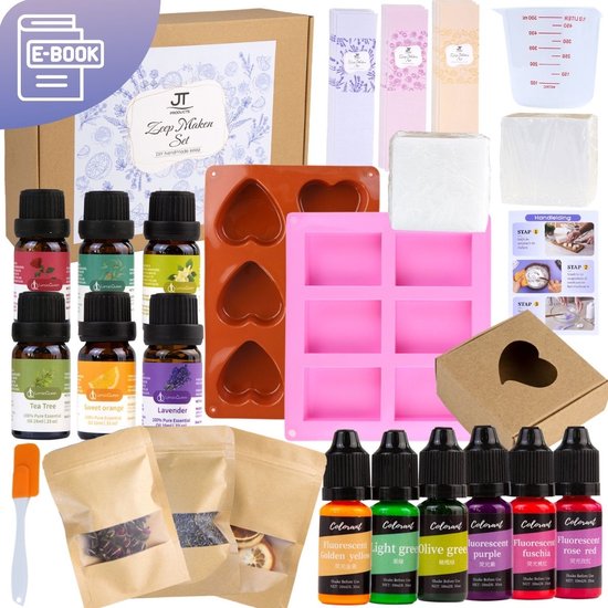JT Products Zeep Maken Pakket - Inclusief 1 KG Gietzeep - E-Book - Zeepjes Maken - Zeep Mal - DIY Pakket - Zeepmal - DIY Zeep - Gietzeep Transparant & Wit - Zeep Basis - Zeep Kleurstof - Zelf Zeep Maken - Cadeau