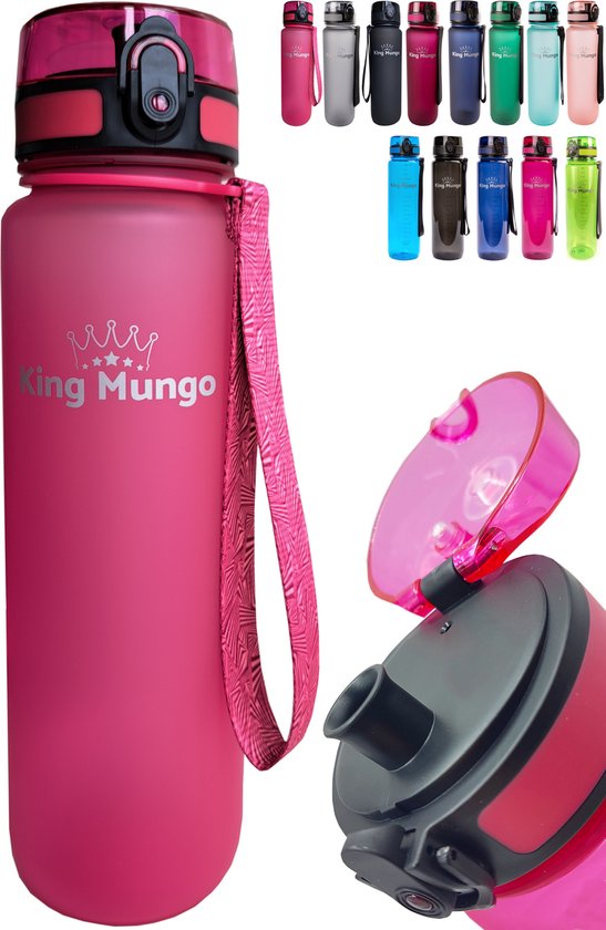 King Mungo Drinkfles 1 Liter - Waterfles Volwassenen - Mat Roze - BPA Vrij Tritan - 100% Lekvrije Bidon - Sportfles Padel & Fitness - Zonder Rietje - Vaatwasserbestendig - Drinkbus 1000ml