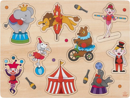Knoppuzzel Circus – Klein – Houten Puzzel – Rode Kunststof Knopjes – Kinderen Puzzel met Dierenthema – Engelhart
