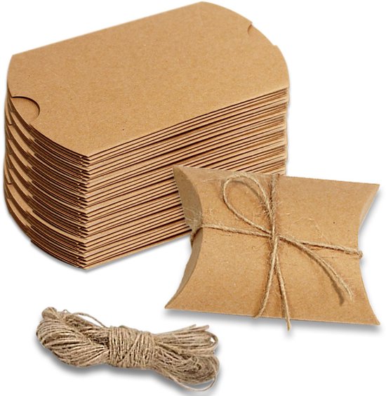 Kussen Geschenkdoosje - 50 Stuks - Verpakkingsdozen - Cadeaudozen - Kleine dozen - Kartonnen dozen - Feestelijk opvouwbaar geschenkdoosje - Kado Doos - Koekjesdozen - Traktatiedoosjes - Met jute koord - bruin