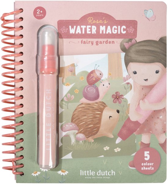 Little Dutch Waterkleurboek - Rosa Fairy Garden - 5 pagina's - Herbruikbaar - Met hervulbare waterpen - Water Magic - Knutselen - Speelgoed kinderen - Voor meisjes en jongens - Vanaf 2 jaar