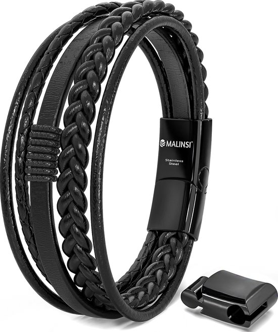 Malinsi Armband Heren - Zwart Snoeren - RVS en Leer - 20 cm + 2 cm verlengstuk - Armbandje Mannen